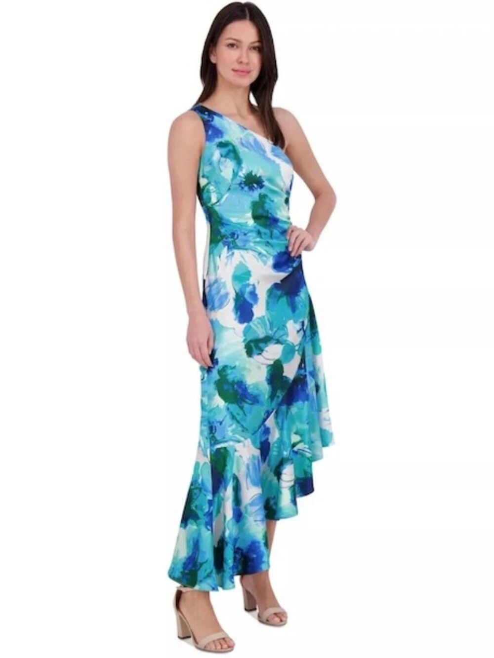 Eliza J Blue Floral One Shoulder Bow Tie Sleeveless Gown